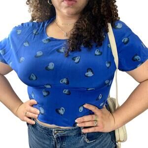 Vintage Y2K Jones New York Blue Hearts 100% Silk Button Up Blouse Size 14